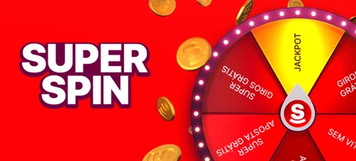 SuperSpin da Superbet com roleta de prêmios, jackpot e moedas douradas.