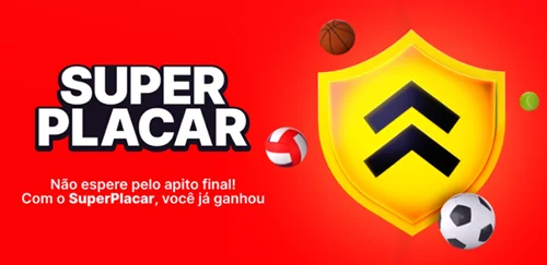SuperPlacar da Superbet com escudo dourado e bolas de futebol, basquete e vôlei.