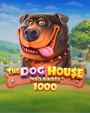 Capa do caça-níquel The Dog House Megaways 1000 com um cachorro sorridente.