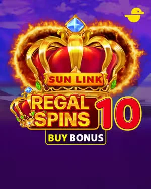Capa do caça-níquel Regal Spins 10 Sun Link com uma coroa dourada.