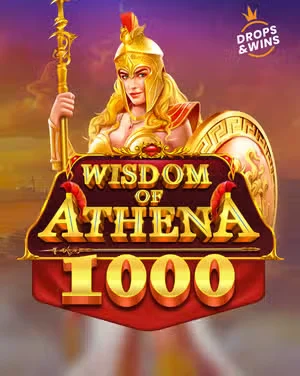 Capa do caça-níquel Wisdom of Athena 1000 com Atena em armadura dourada.