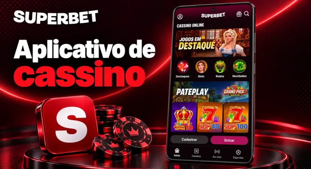 Aplicativo Superbet de cassino com jogos em destaque e botões de cadastro e acesso