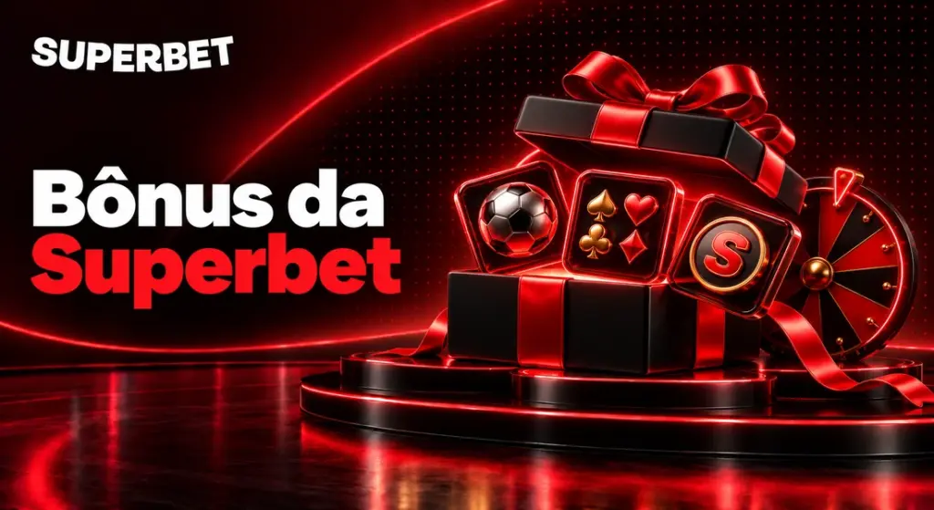 Ilustração dos bônus da Superbet com presente, roleta e símbolos de esportes e cassino
