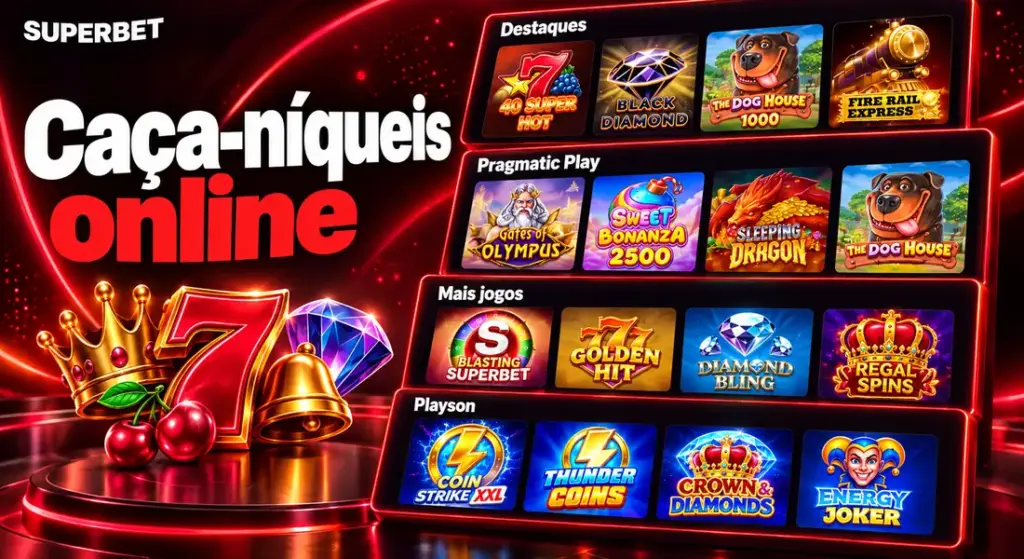 Caça-níqueis da Superbet Cassino, com capas de jogos como Gates of Olympus e Sweet Bonanza