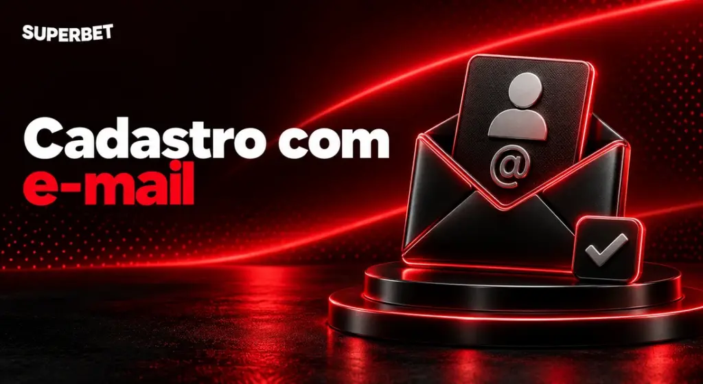Registro na Superbet por e-mail, ilustrado por um envelope com perfil de usuário e símbolo de confirmação