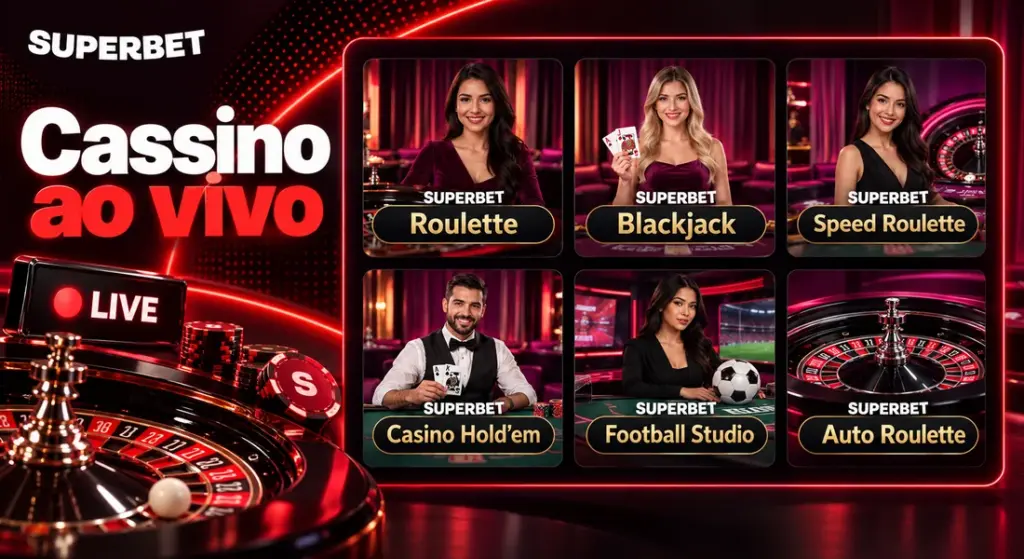 Mesas ao vivo no Superbet Casino Online, com opções de roleta, blackjack e Football Studio