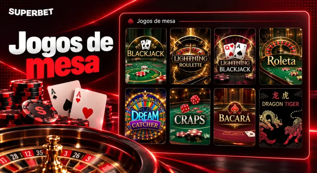 Jogos de mesa do cassino Superbet, incluindo blackjack, roleta, bacará e Dragon Tiger